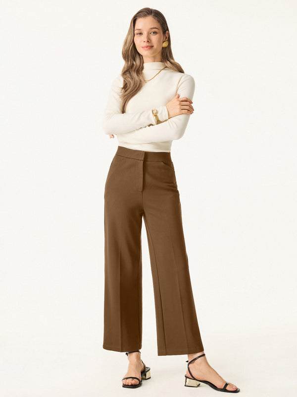 Ponte High Rise Straight Leg Cropped Fly-Front Trousers with Pockets