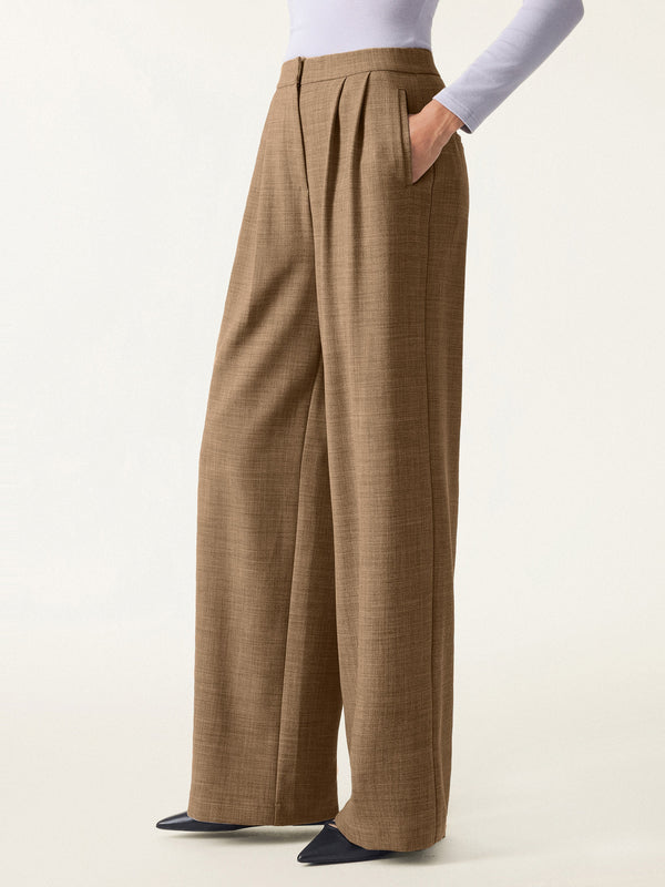 4-way Stretch Wool Mid Rise Pleated Wide Leg Trousers with Pockets