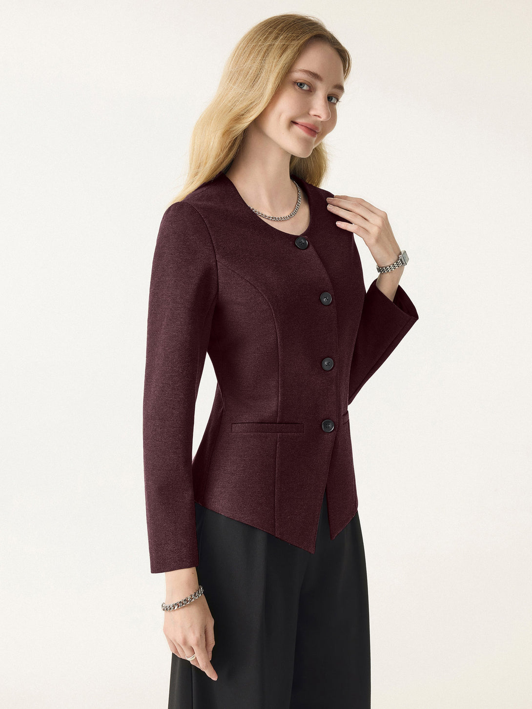 Stretch Ponte Button Front Blazer with Pockets Dark Berry XS