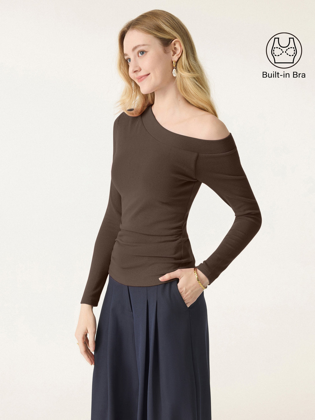 Light Warm One Shoulder Side Ruched Brami Top Espresso XS