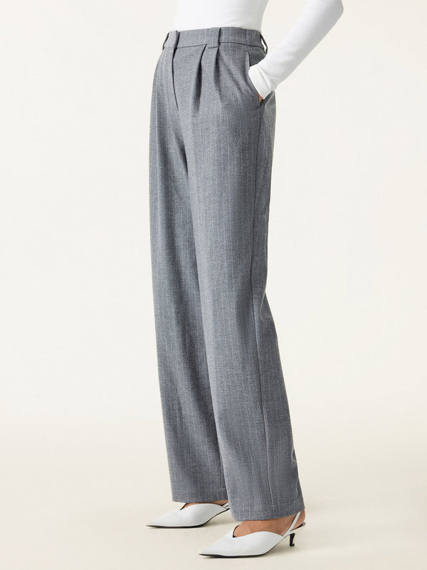 Stretch Striped Mid Rise Wide Leg Trousers with Pockets