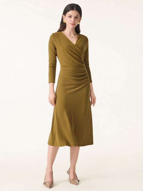 Slimming Surplice 3/4 Sleeve Midi Dress