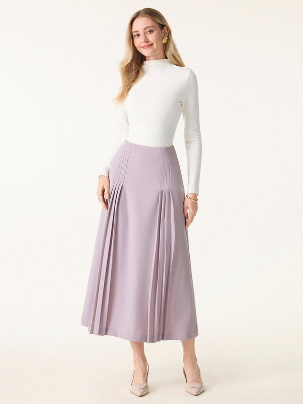 Wrinkle-Resistant A-line Pleated Midi Skirt with Pockets