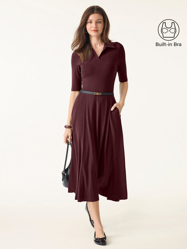 Polo Neck Elbow Length Sleeve Midi Brami Dress with Pockets