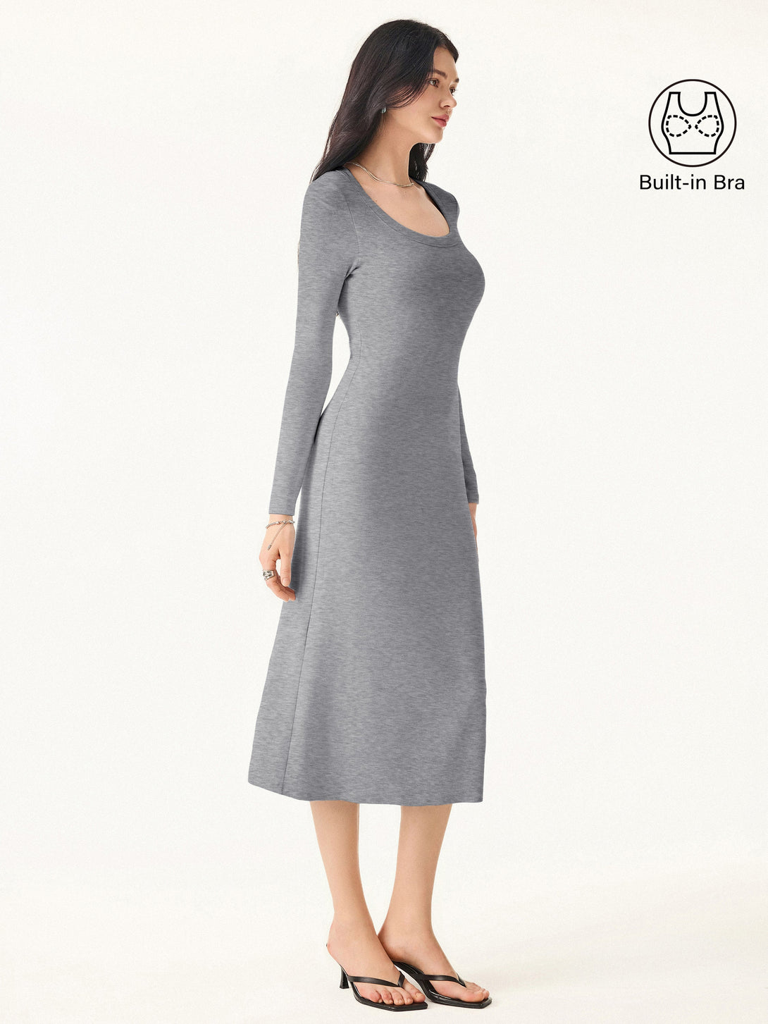 Essential Scoop Neck Long Sleeves Midi Brami Dress Heather Grey XS