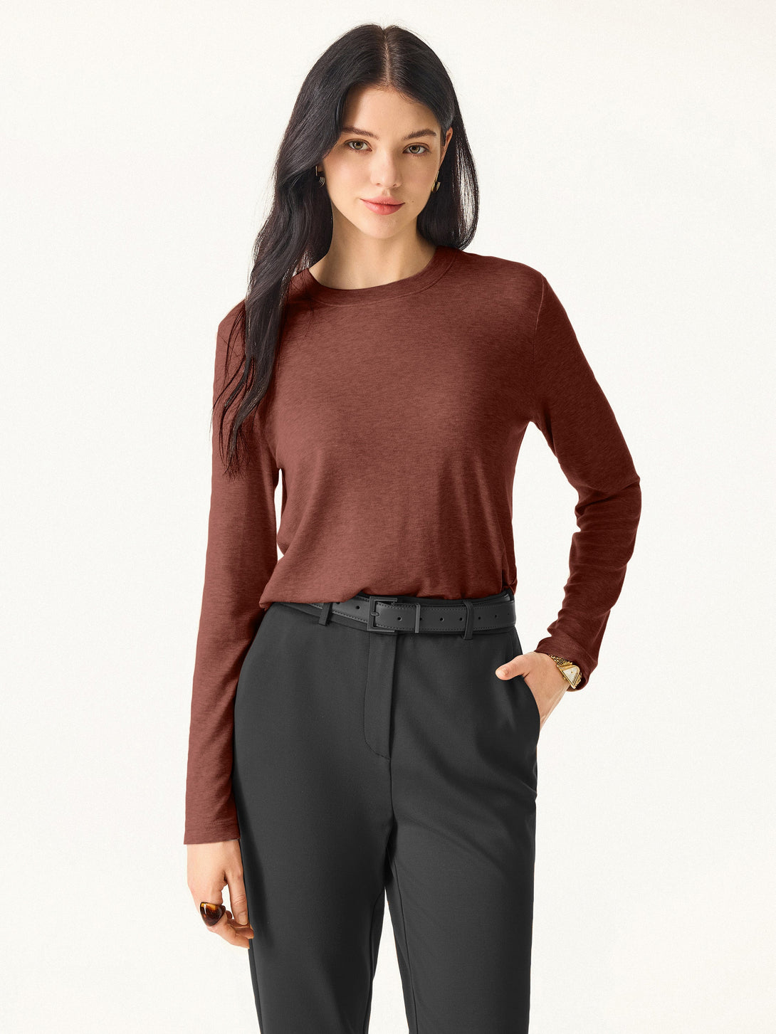 Essential Lyocell Cashmere Crewneck Long Sleeve Top Rust Orange XS