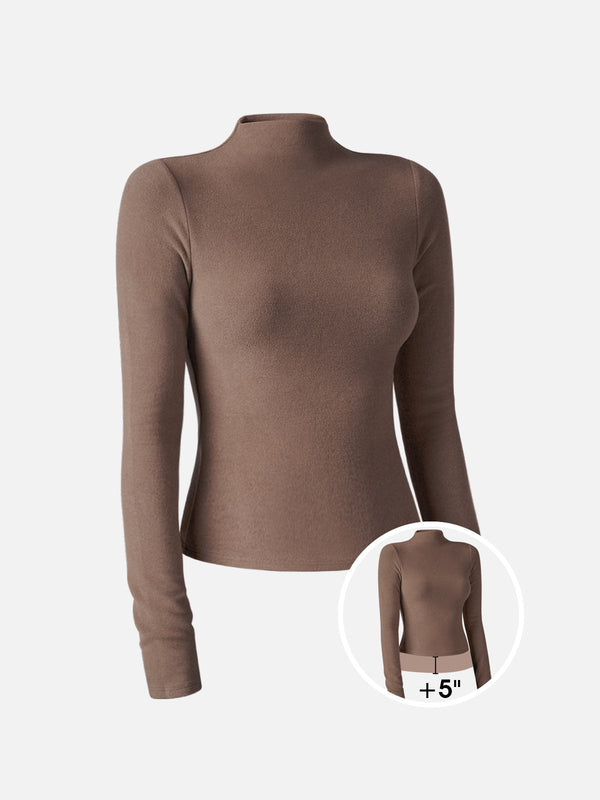 Brushed Mock Neck Top-Hip Length Mocha M